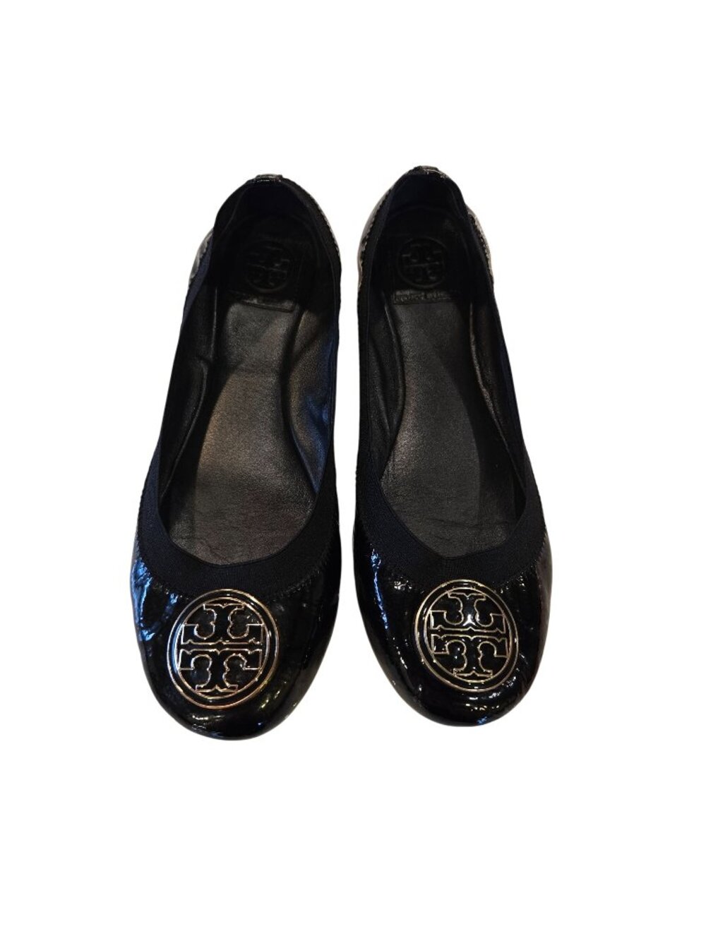 Tory Burch Black Patent Leather Ballet Flats Gold-tone Logo Medallion Size 9